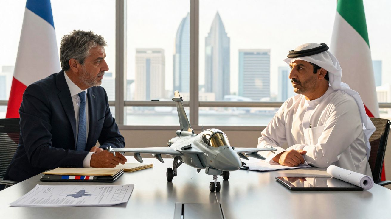 Duas pessoas sentadas numa mesa com uma maquete de avião militar, bandeiras e documentos ao fundo.