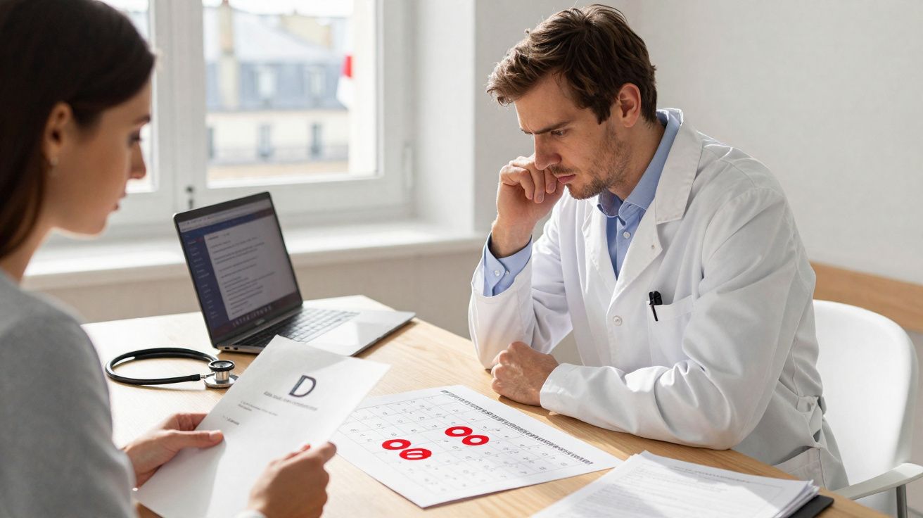 Médico a analisar um exame ocular em consulta com paciente numa sala iluminada por janela grande.