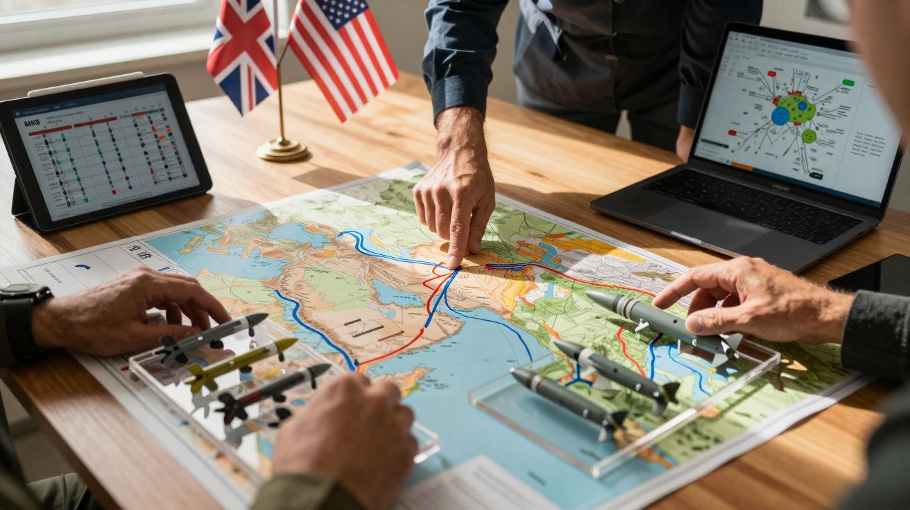 Homens a planear estratégias militares com mapas, miniaturas de mísseis e bandeiras britânica e americana na mesa.