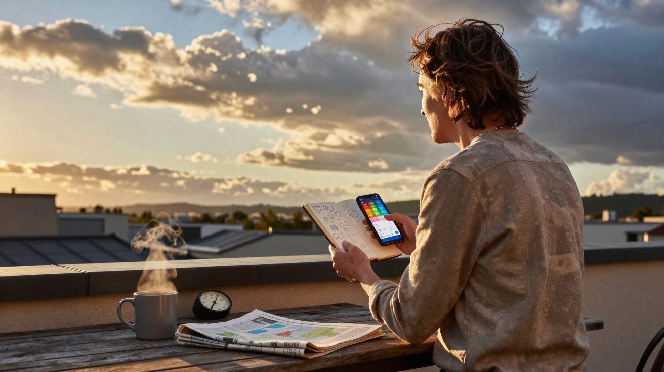 Pessoa sentada numa varanda ao pôr do sol, a olhar para o telemóvel, com uma chávena, relógio e jornal na mesa.