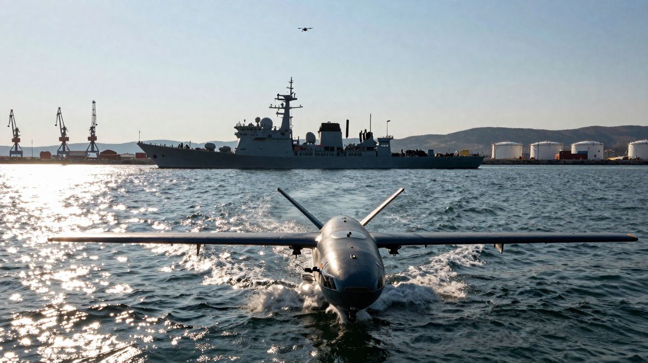 Veículo aéreo não tripulado a descolar da água com navio militar e gruas em fundo marítimo.