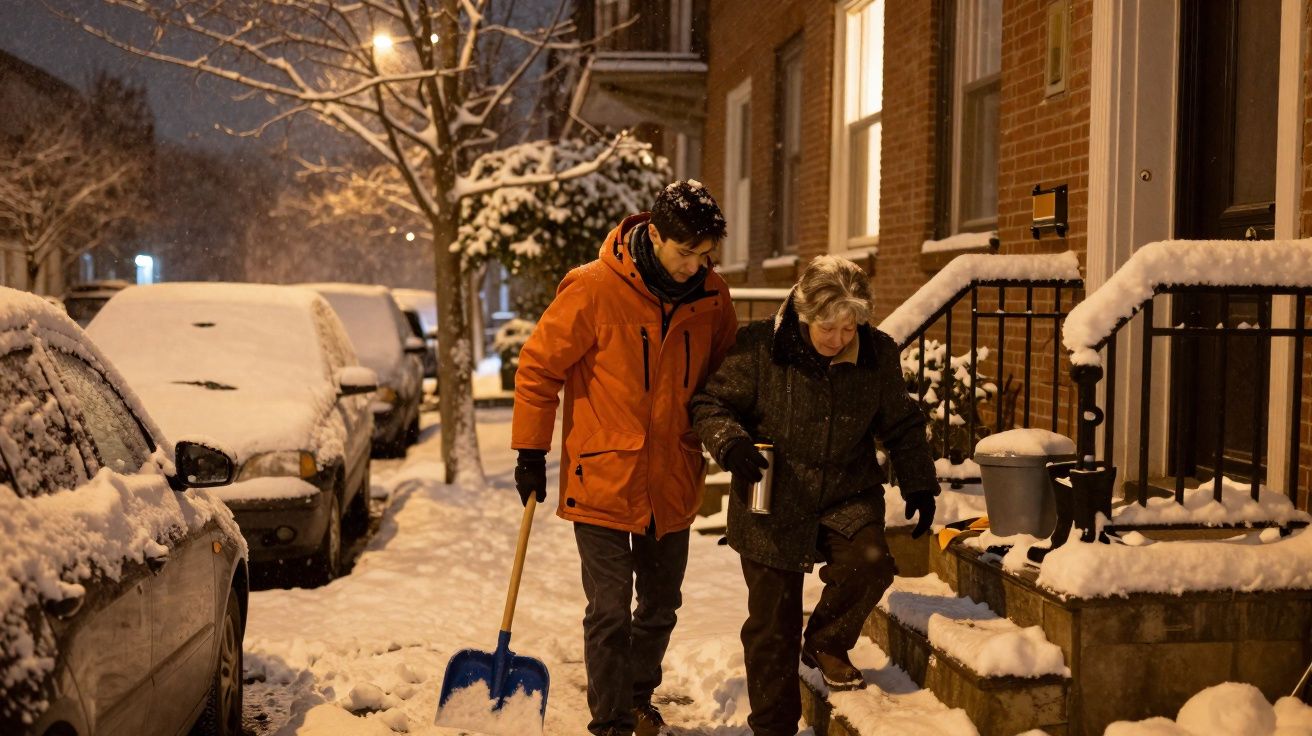 Homem de casaco laranja ajuda idosa a subir escadas na rua coberta de neve durante a noite.