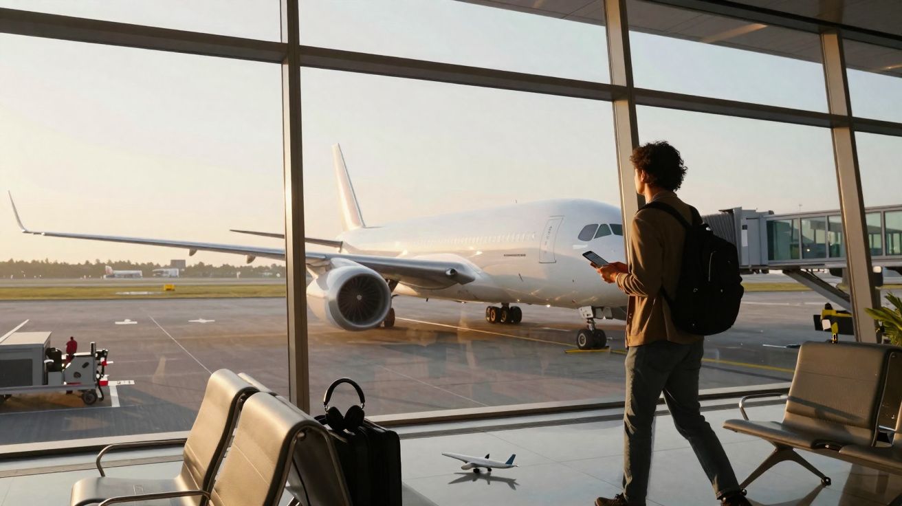 Pessoa com mochila observa avião estacionado na porta de embarque do aeroporto ao pôr do sol.