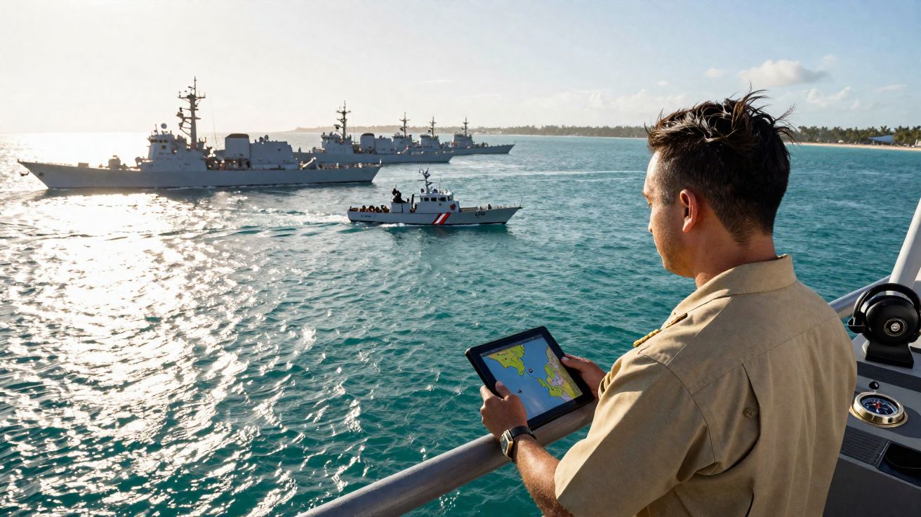 Homem com tablet a bordo de navio, com vários navios de guerra ao fundo no mar calmo durante o dia.