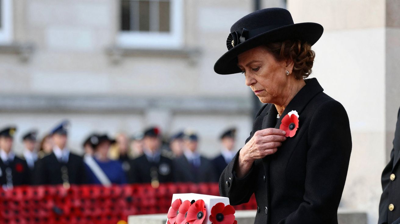 Mulher de chapéu preto e casaco a colocar flor vermelha no peito durante cerimónia solene.