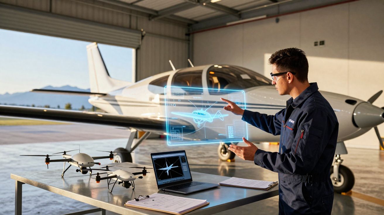 Homem a analisar dados digitais de aviões no interior de hangar com avião e drones ao fundo.