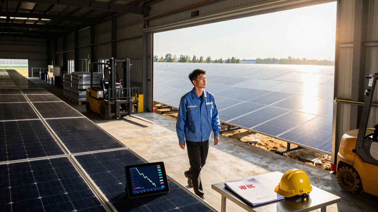 Técnico em armazém com painéis solares ao fundo, tablet com gráfico e capacete amarelo na mesa.