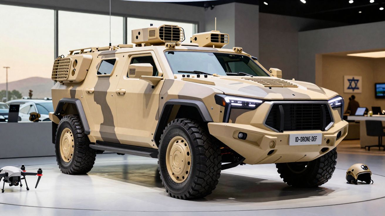Veículo militar blindado bege em exposição, com drone e capacete ao lado.