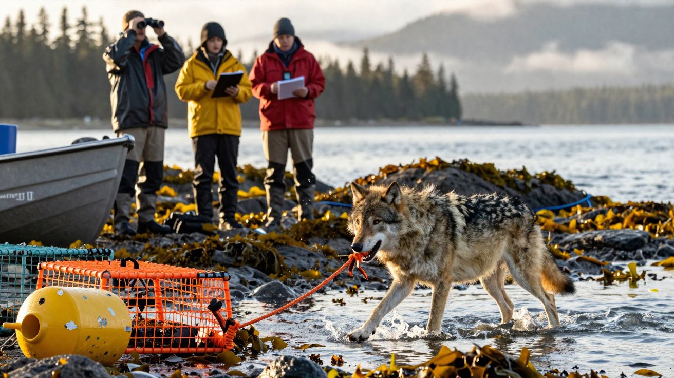Lobo preso numa armadilha húmida enquanto três pessoas observam e anotam perto de um barco à beira-mar.