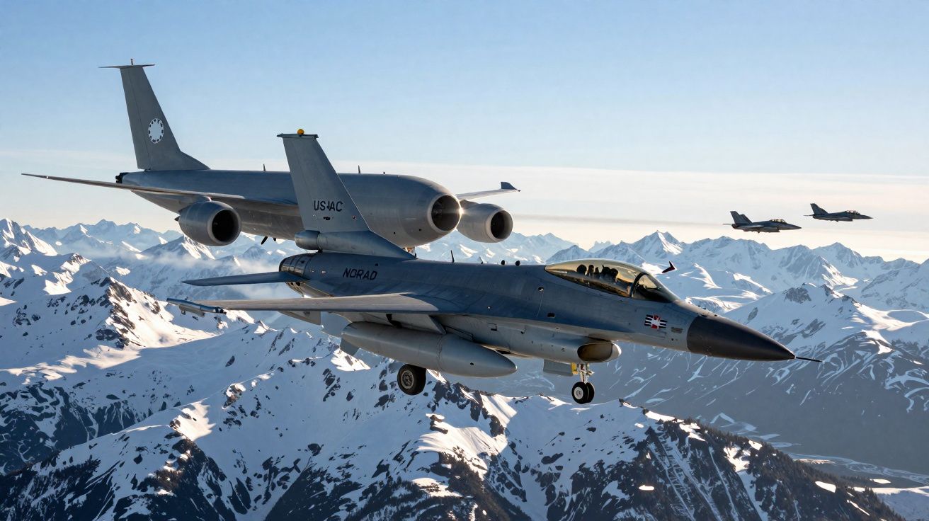 Dois aviões militares voam próximos sobre montanhas cobertas de neve sob céu limpo.