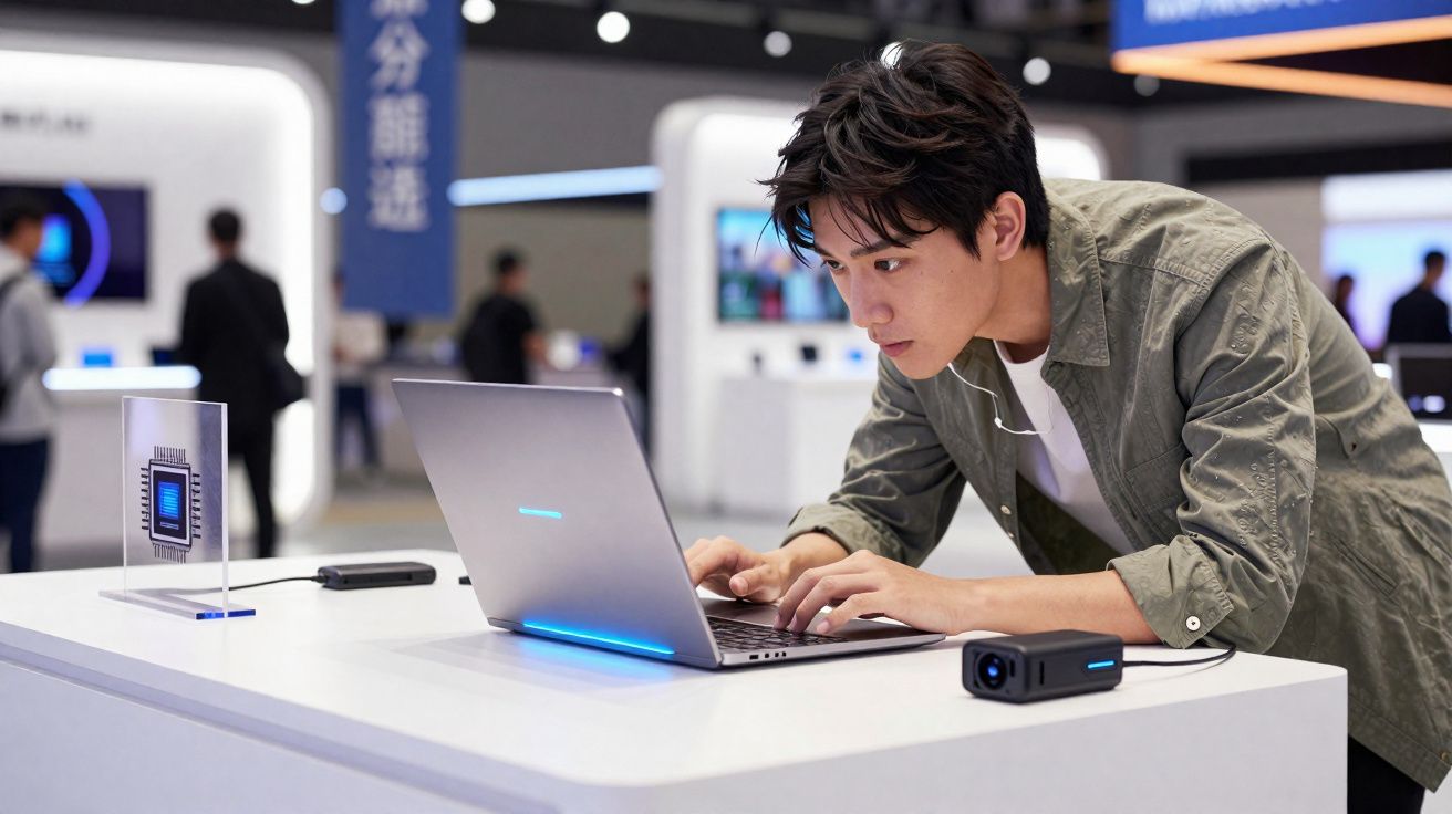 Homem focado a usar portátil moderno numa exposição tecnológica com dispositivos eletrónicos à volta.