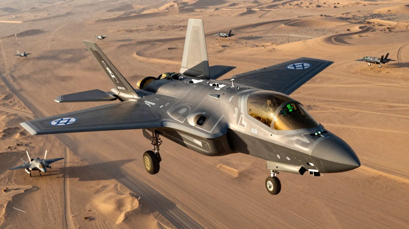 Formação de jatos militares F-35 a sobrevoar uma paisagem desértica ao entardecer.