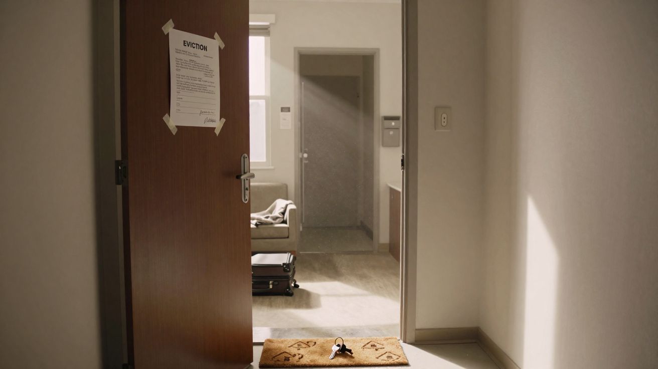 Porta de entrada aberta com aviso de despejo colado, tapete e chave no chão iluminado pela luz do sol.