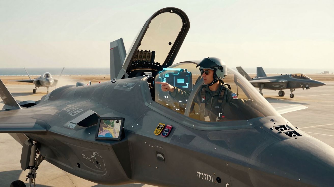 Piloto militar com capacete dentro de caça F-35 com painel digital, em pista com outros aviões ao fundo.