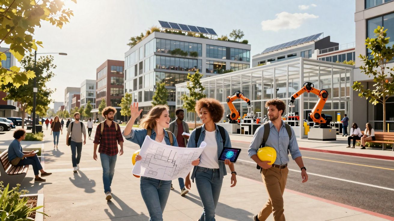 Estudantes a caminhar num campus moderno com painéis solares e braços robotizados ao fundo.