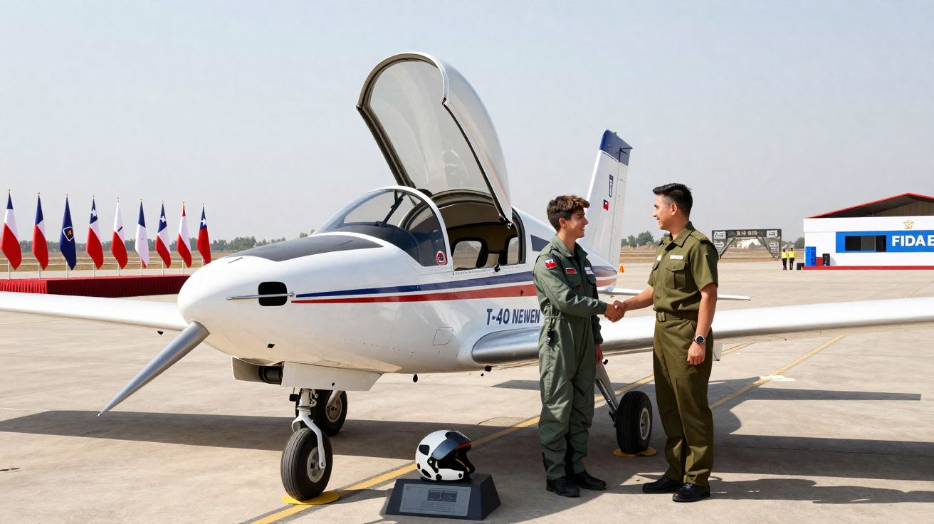 Dois militares cumprimentam-se ao lado de um avião de treino T-40 Newen numa pista de aeroporto.