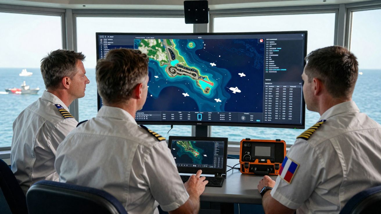Três militares a analisar mapas digitais de uma ilha em ecrãs enquanto estão numa sala com vista para o mar.