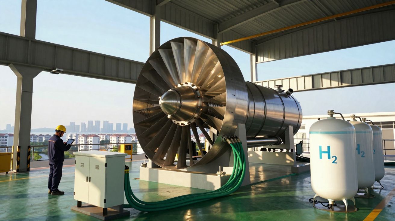Turbina industrial com tubos ligados a cilindros de hidrogénio, operário com capacete a verificar equipamentos.