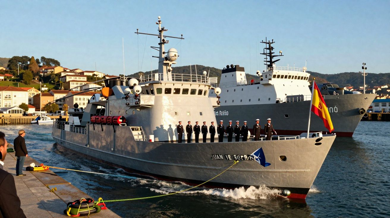 Navio militar cinzento atracado com tripulantes alinhados no convés e bandeira de Espanha visível no cais.