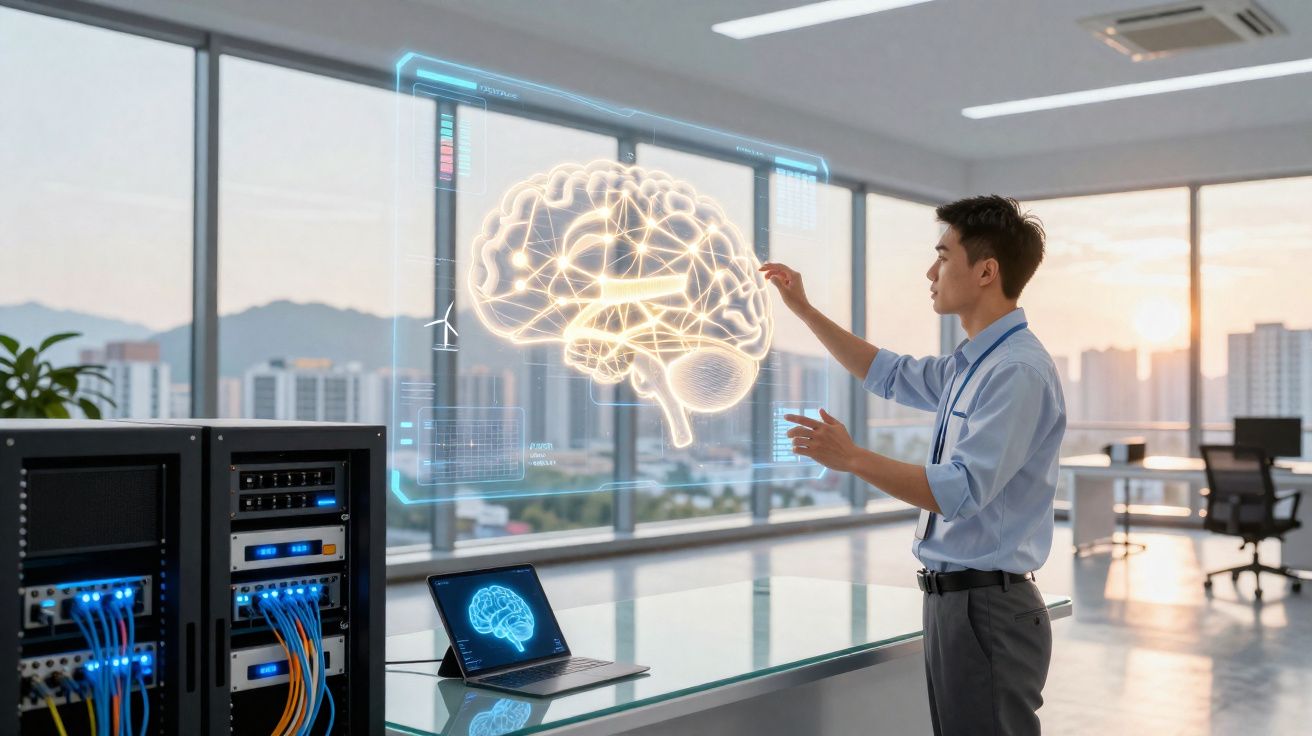 Homem interage com holograma de cérebro digital numa sala de escritório moderna com vista para a cidade.