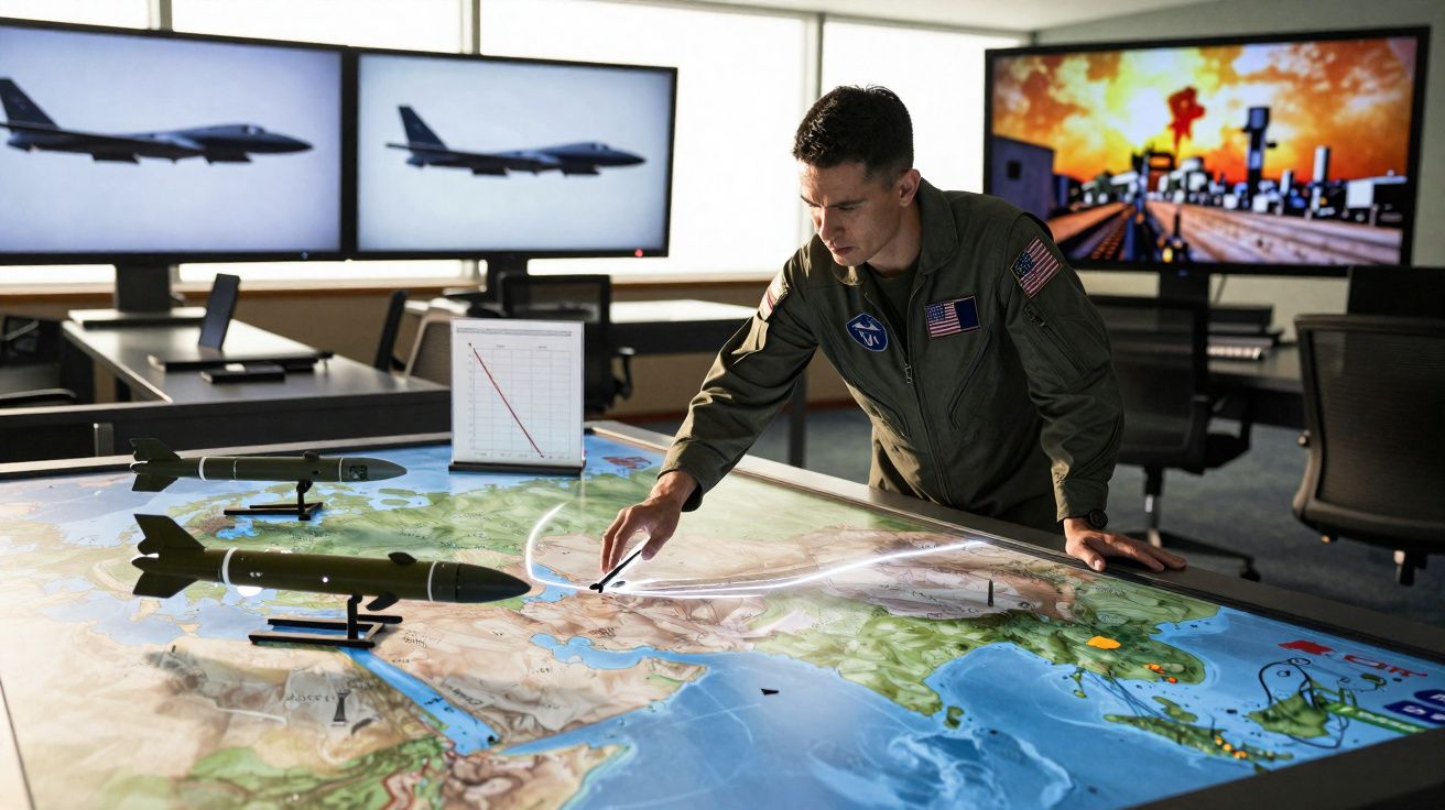 Homem em uniforme militar analisa mapa estratégico com modelos de aviões e três ecrãs ao fundo.