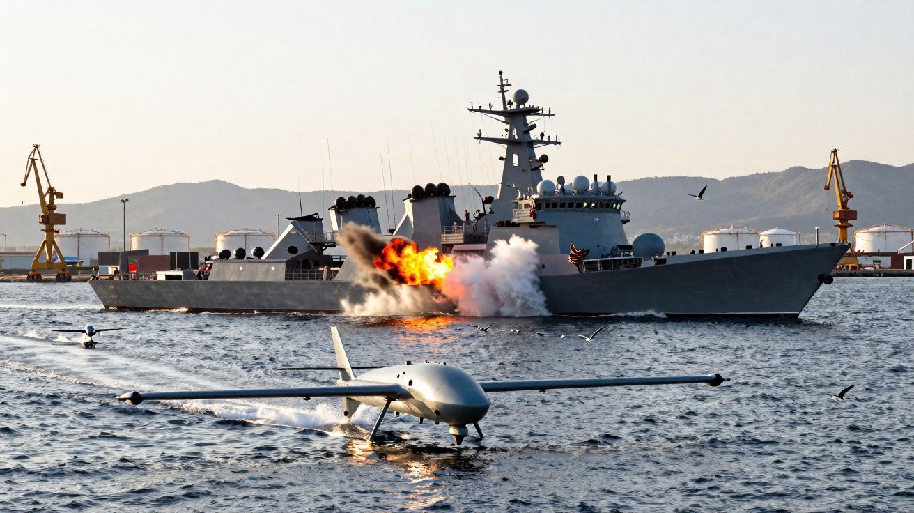 Navio militar a disparar mísseis no mar com um drone a sobrevoar a água perto do porto.