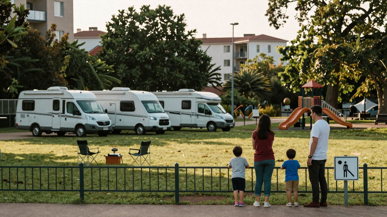 Família de quatro pessoas observa área de lazer com três autocaravanas e parque infantil ao longe.