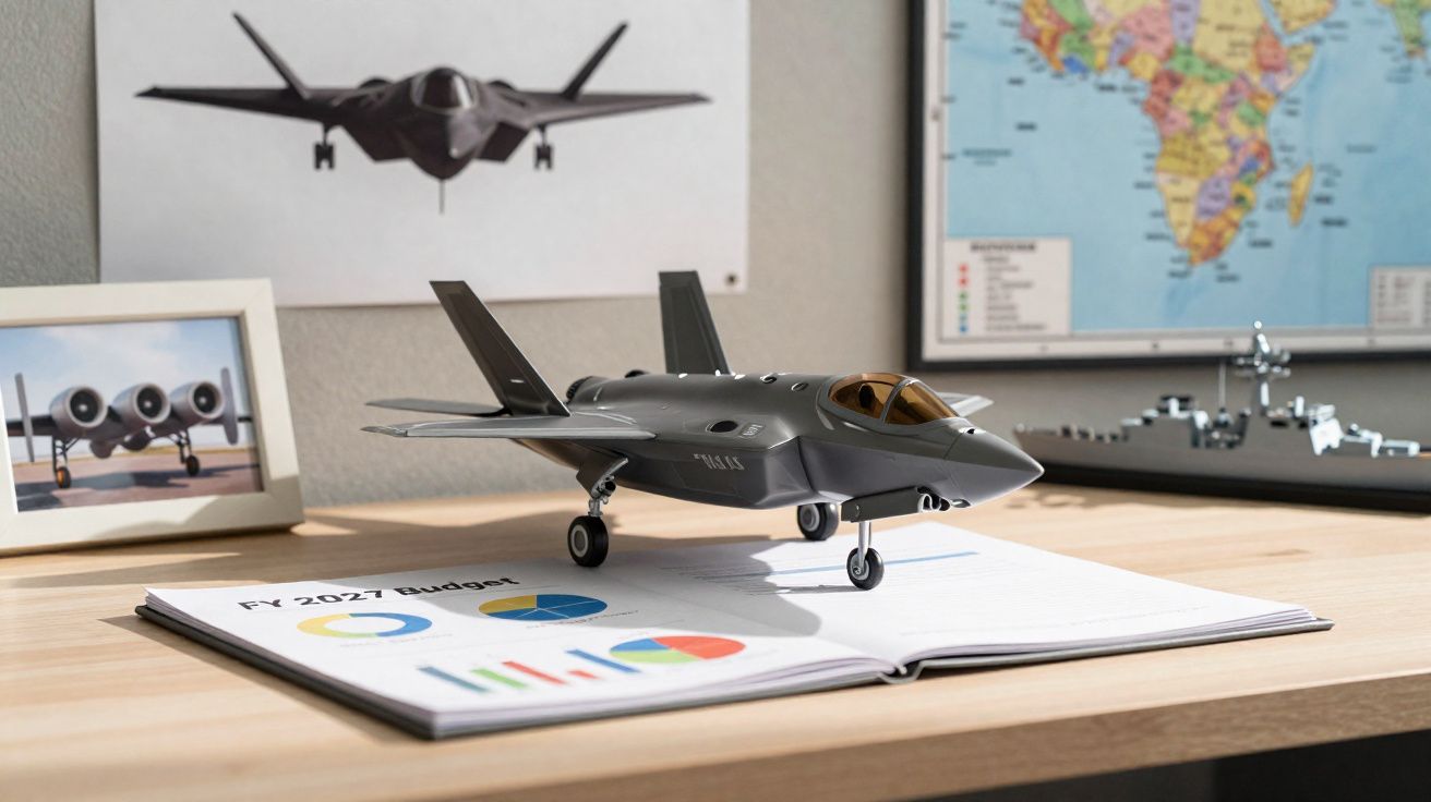 Modelo em miniatura de um avião militar sobre um livro aberto com gráficos, numa secretária com mapas e fotos.