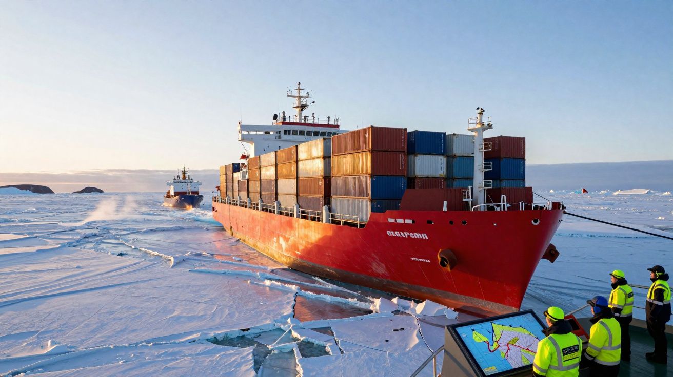 Navio de contentores vermelho a navegar em mar gelado, observado por quatro trabalhadores de segurança.