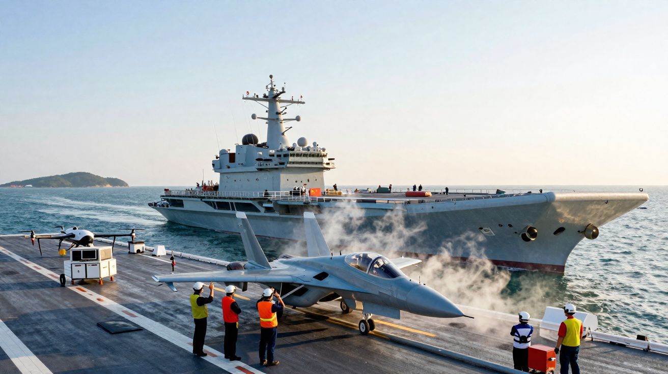 Porta-aviões no mar com caça a jato na pista e tripulação de segurança a observar durante operações.