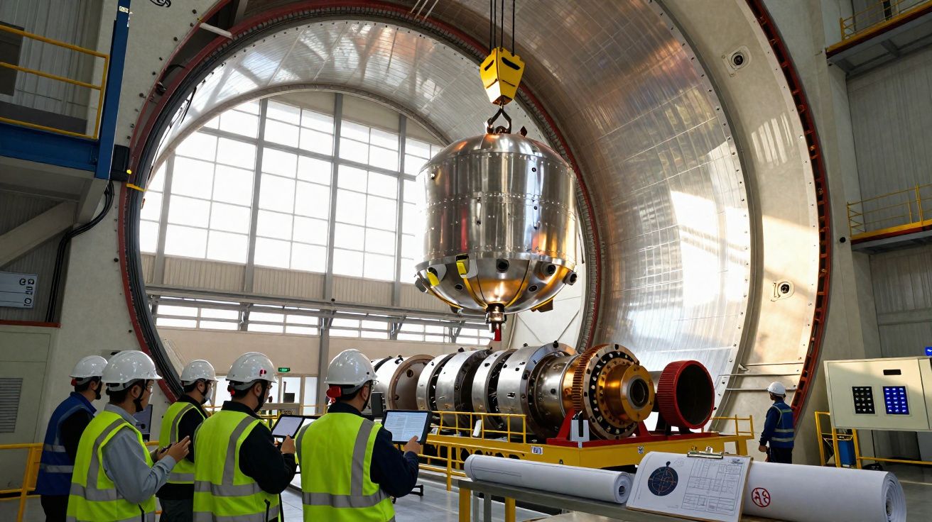 Engenheiros observam máquina industrial futurista num grande laboratório com estrutura metálica e cúpula circular.