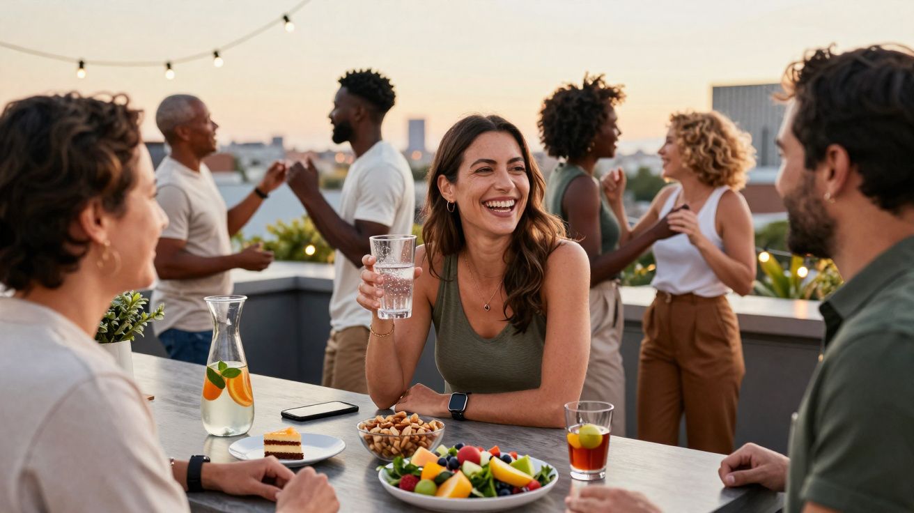 Grupo de amigos a socializar numa festa ao ar livre com comida e bebidas ao entardecer.