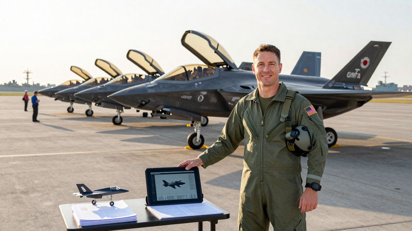 Piloto militar em fato de voo está em pista com vários jatos de caça alinhados e modelo de avião sobre mesa.