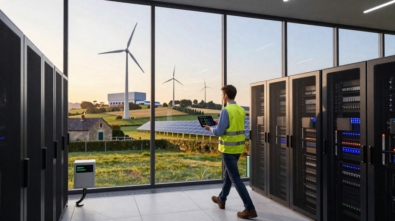 Homem com colete refletor numa sala de servidores observa turbinas e painéis solares através de janela grande.