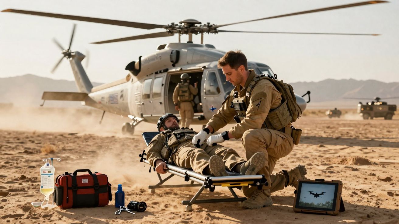 Militar presta primeiros socorros a colega ferido perto de helicóptero em ambiente desértico.