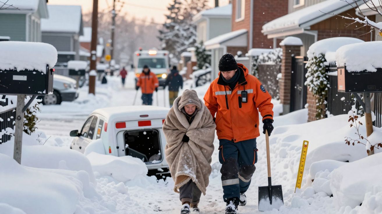 Homem de casaco laranja ajuda pessoa enrolada em manta a caminhar em rua coberta de neve.