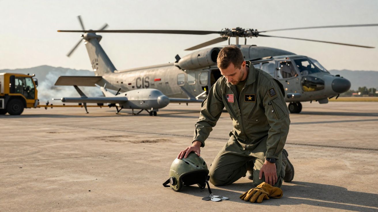 Piloto militar ajoelhado no cais de um aeródromo, com capacete, luvas e chapas de identificação, junto a um helicóptero cinze