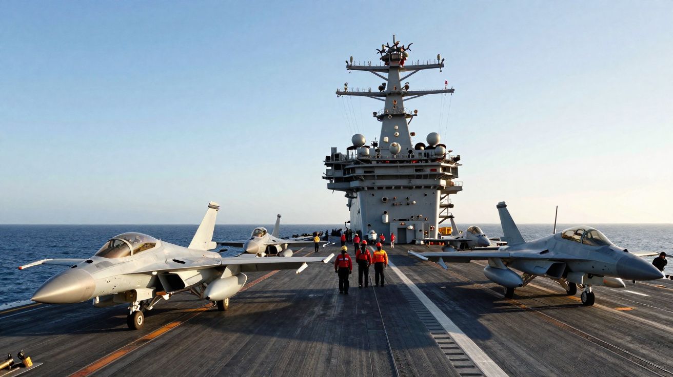 Porta-aviões no mar com vários caças estacionados no convés e tripulantes de colete colorido a caminhar.