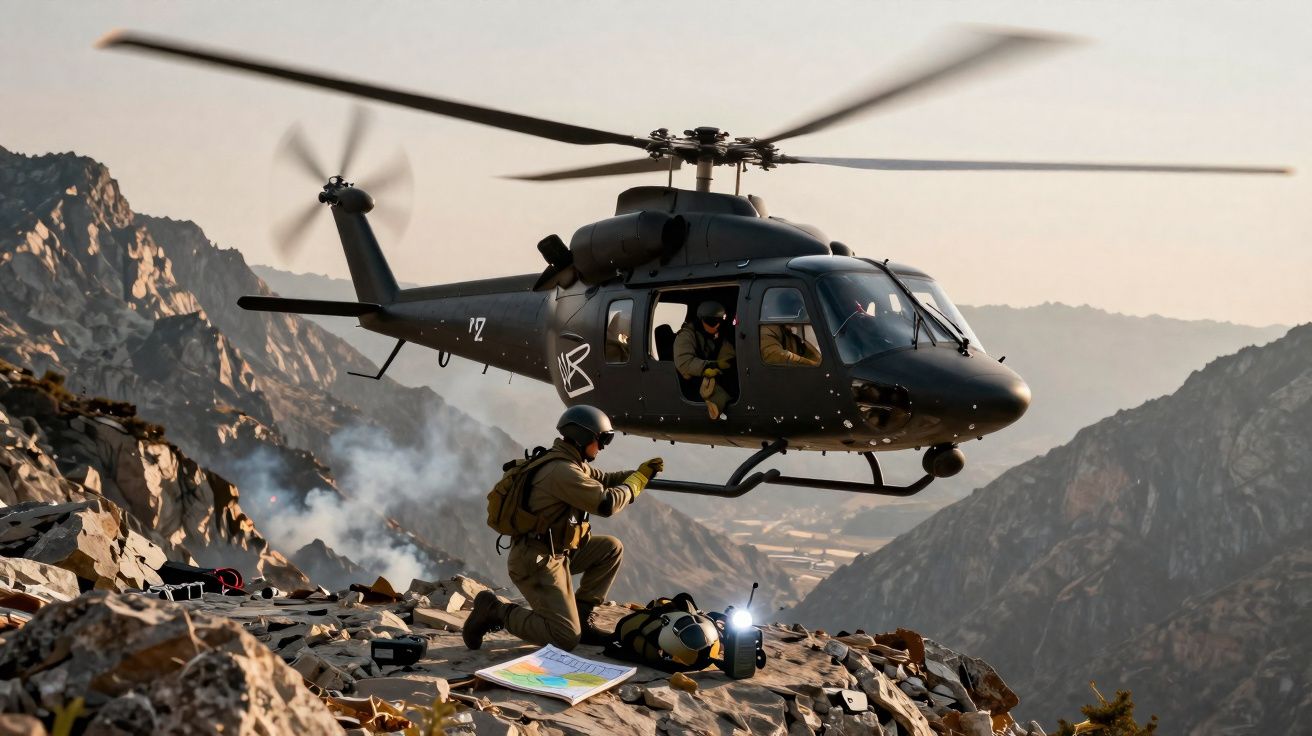 Soldado em montanha rochosa a comunicar com helicóptero militar a pairar perto ao chão ao pôr do sol.