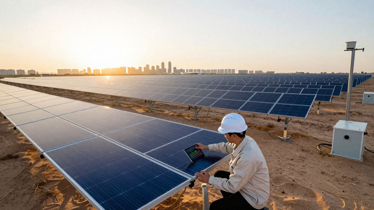 Técnico em capacete analisa painéis solares numa instalação ampla ao pôr do sol, com cidade ao fundo.