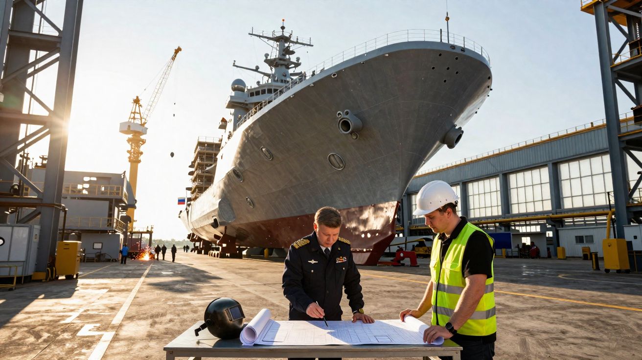 Dois homens, um com uniforme militar e outro de capacete e colete, consultam plantas junto a um grande navio militar num esta