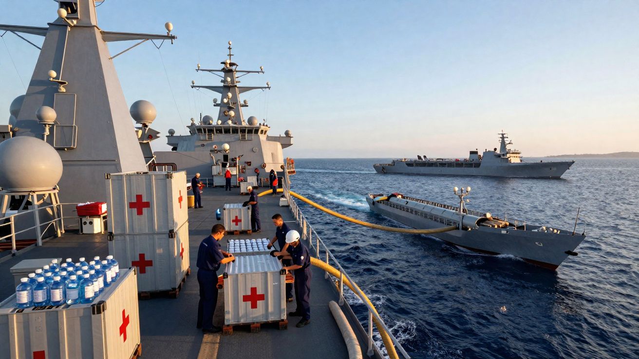 Marinha a realizar operação de socorro, com caixas de ajuda médica e garrafas de água no convés do navio.