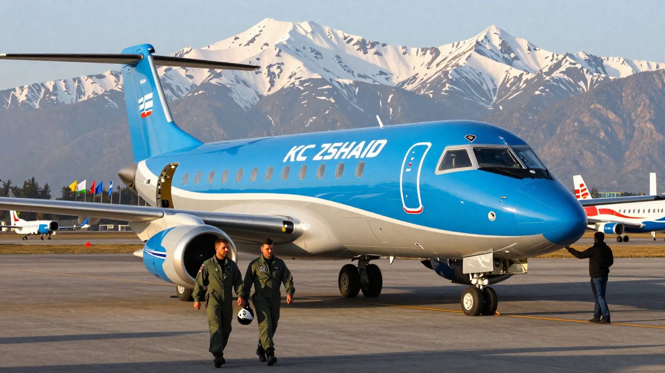 Avião azul KC 25HAID estacionado com montanhas nevadas ao fundo e três pessoas no aeroporto.