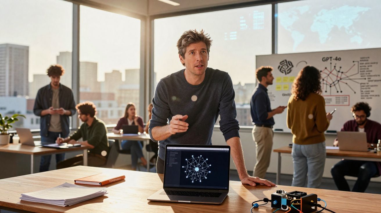 Grupo de pessoas em escritório moderno a trabalhar em projetos tecnológicos com laptop e quadro branco.