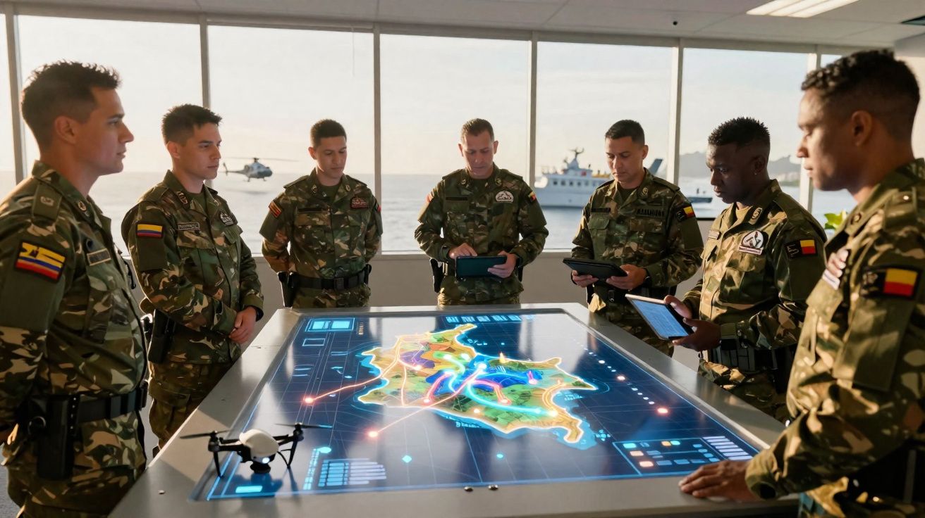 Grupo de soldados em uniforme camuflado reunidos em torno de mesa digital com mapa interativo.