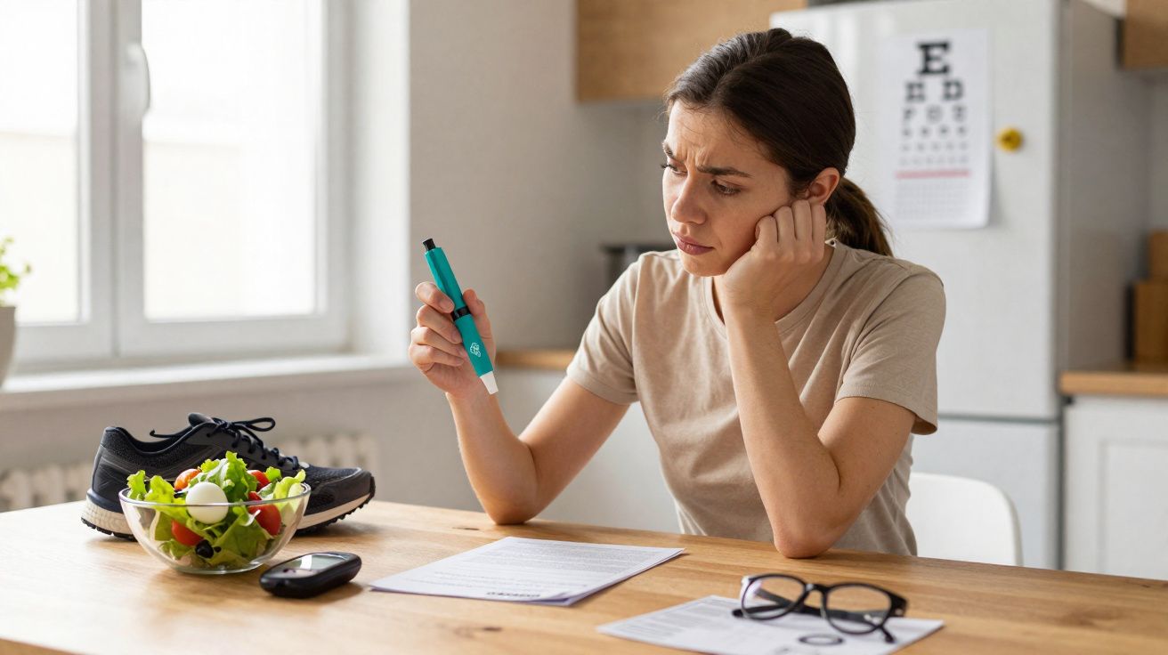 Mulher preocupada verifica medidor de glicemia sentada à mesa com comida saudável e ténis.