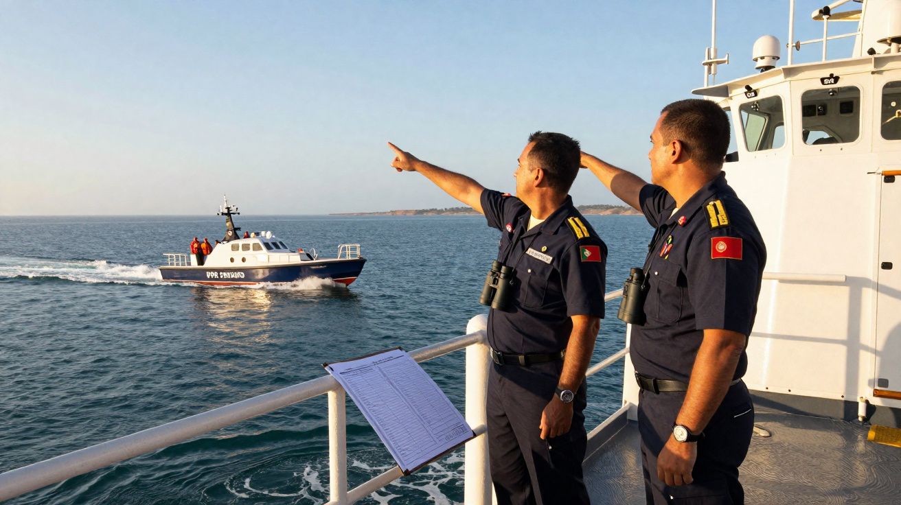 Dois oficiais navais em uniforme apontam para um bote de salvamento que navega no mar.