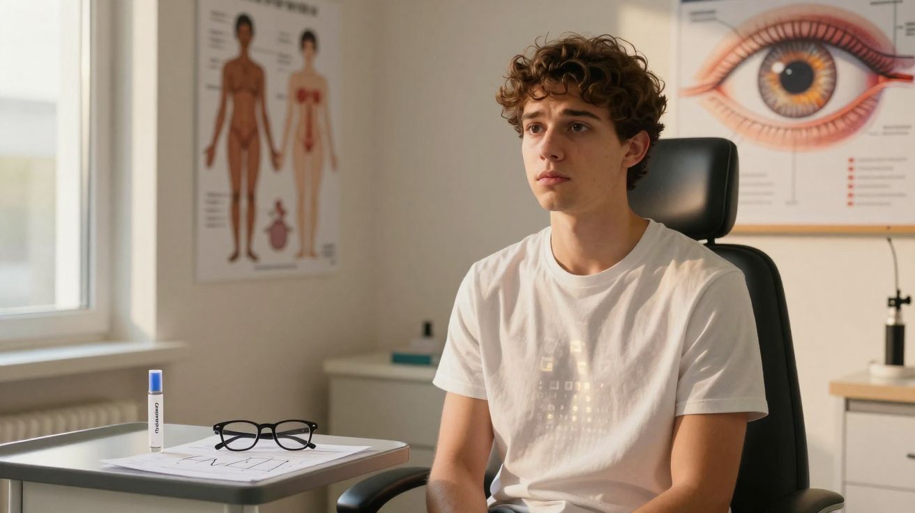 Jovem sentado numa cadeira numa consulta médica, com posters anatómicos na parede ao fundo.