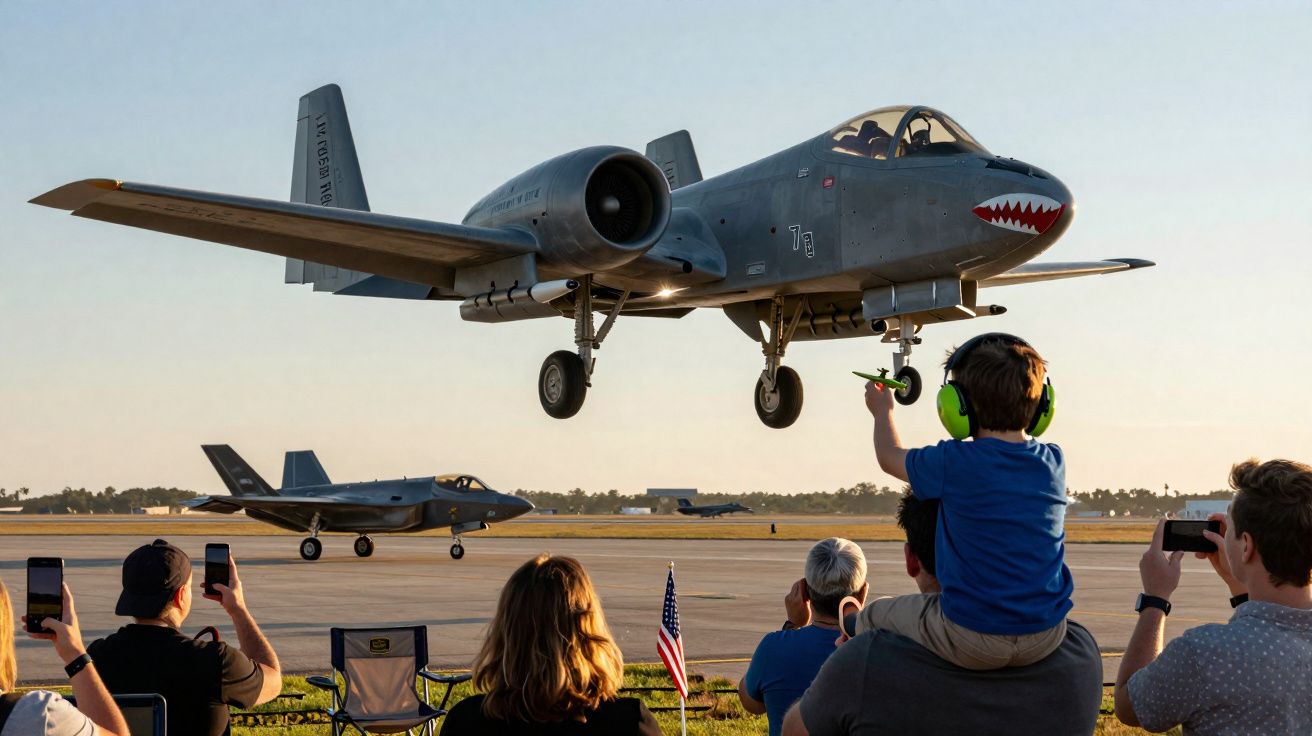 Avião militar a descolar perto de um grupo de pessoas a observar e fotografar num evento aéreo.