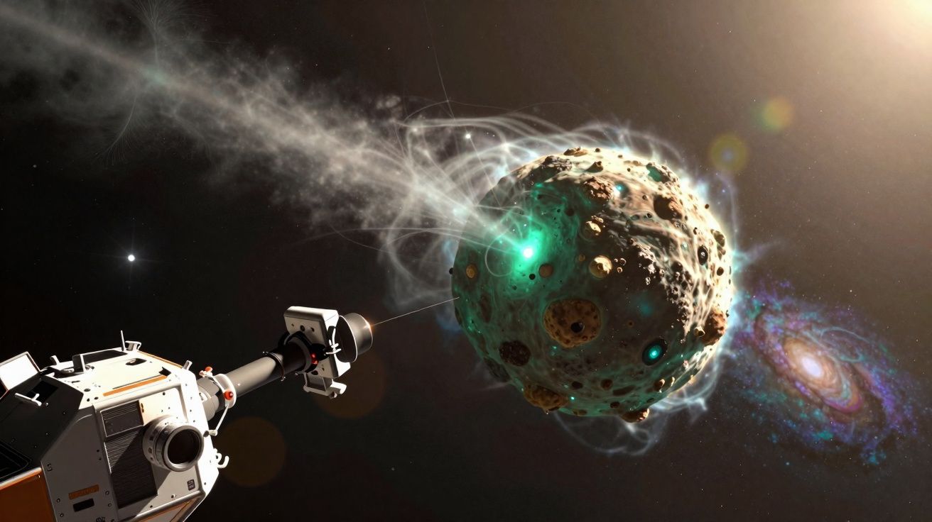 Sonda espacial a analisar um asteróide com crateras, emitindo luz verde no espaço profundo.